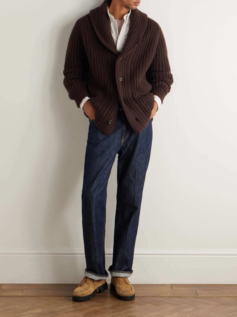 ANDERSON & SHEPPARD Shawl-Collar Ribbed-Knit Cashmere Cardigan